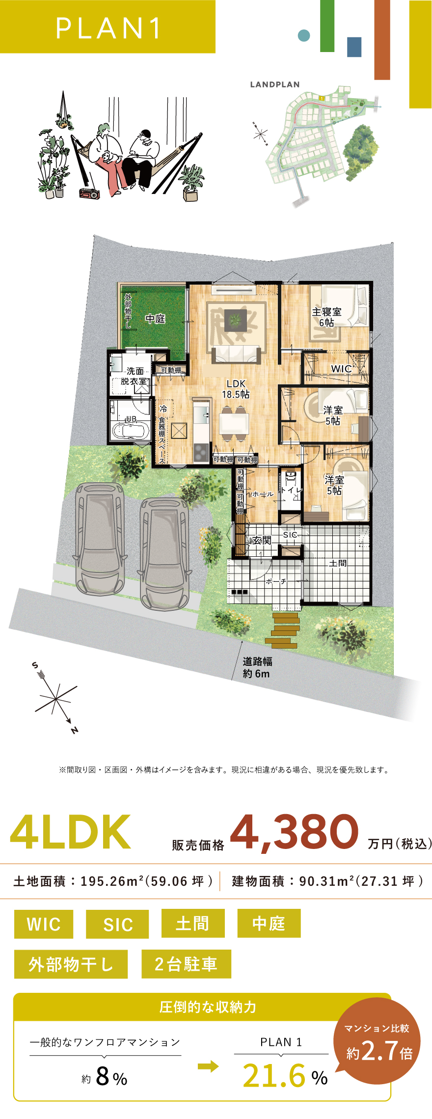 間取り画像1枚目「親子で楽しむ、収納上手な平屋の暮らし。」