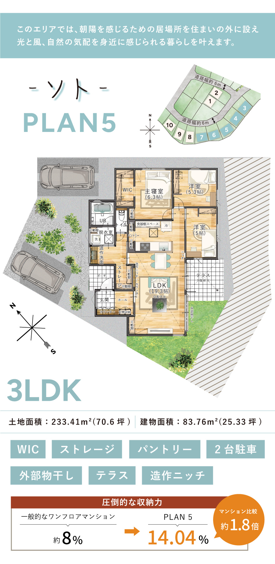 間取り画像1枚目「親子で楽しむ、収納上手な平屋の暮らし。」