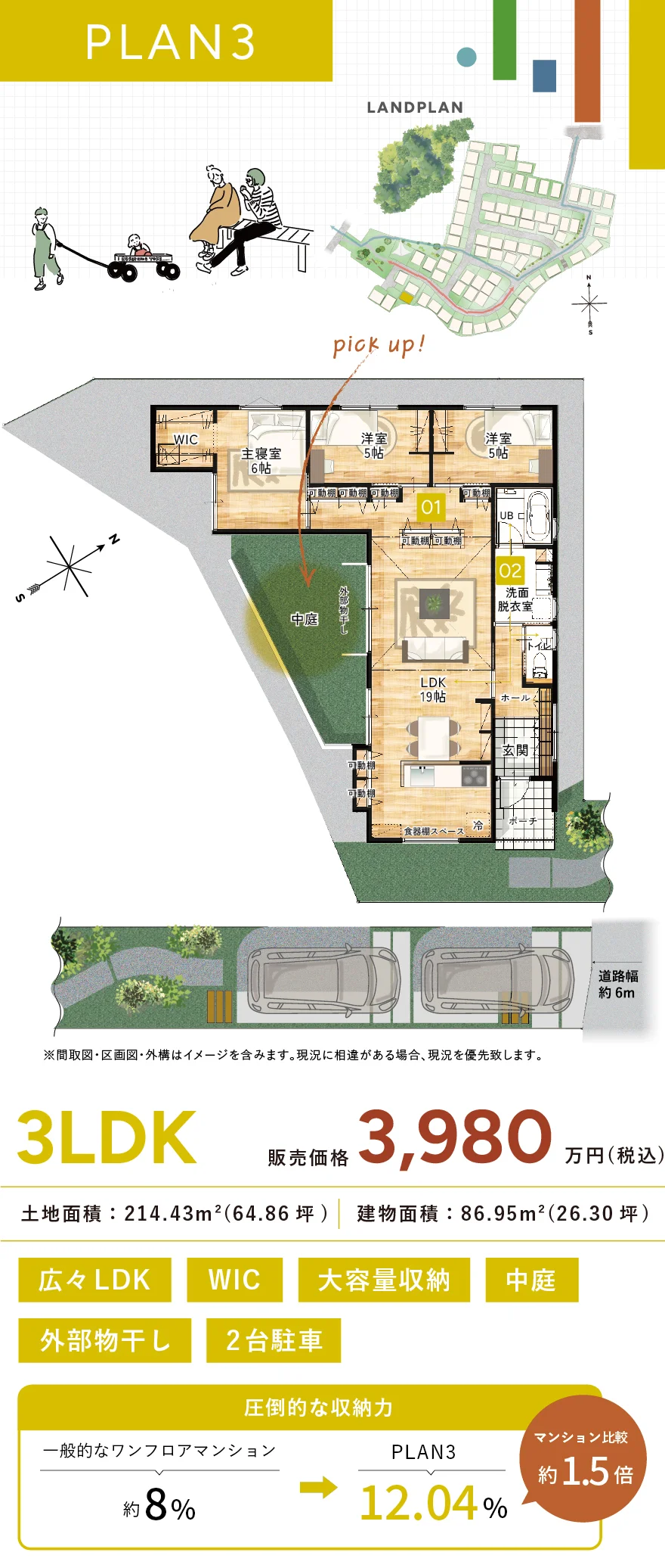間取り画像1枚目「親子で楽しむ、収納上手な平屋の暮らし。」